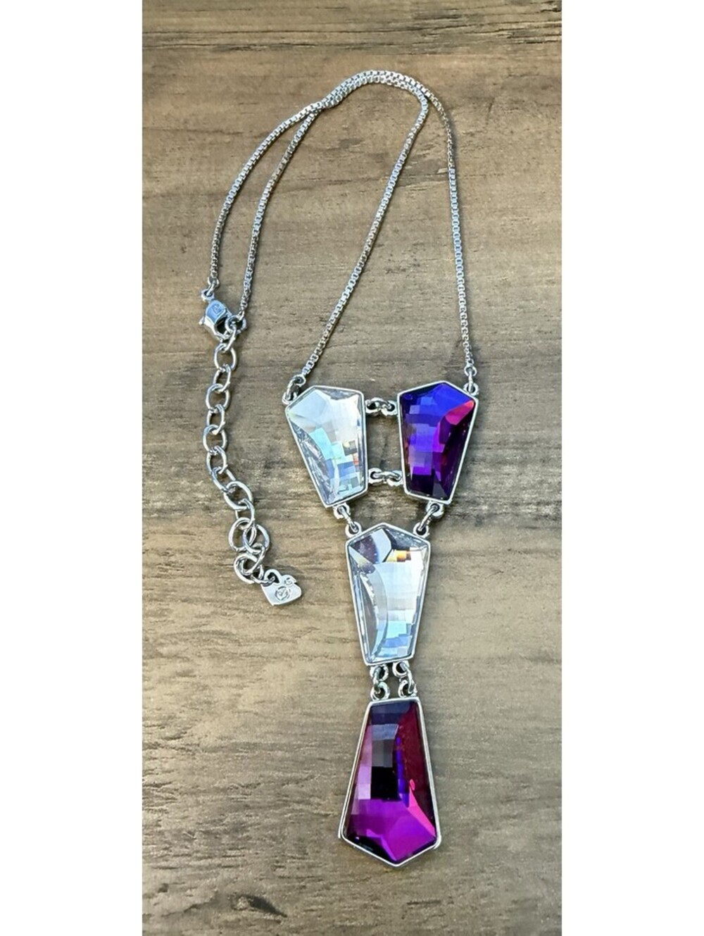 Swarovski Necklace Silver Swan Signed Purple Pendant 3.5 Drop Pendant 16-18 Long